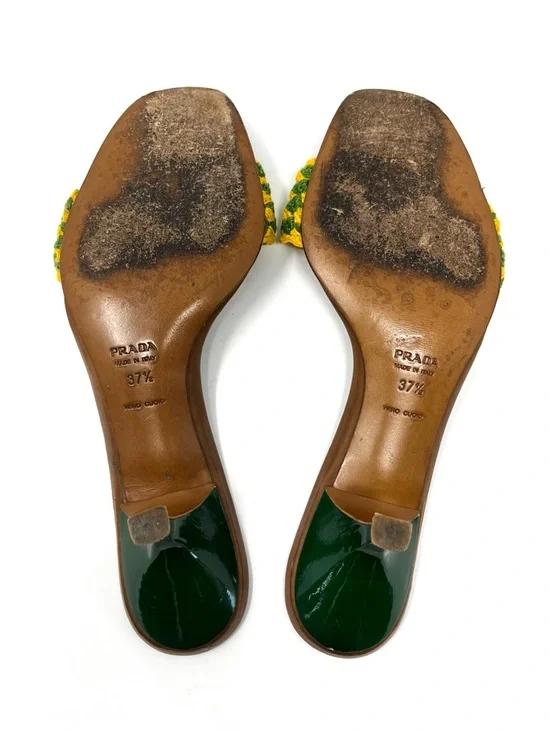 Vintage Prada Green Yellow Crochet Raffia Kitten Heels Slides Sandals 37.5 7.5 - Picture 9 of 10